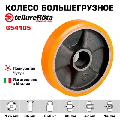 Колесо под ось Tellure Rota 654105 Ø 175 мм, г/п 650 кг, полиуретан TR, чугун, без подшипника - фото 25464