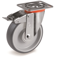 Колесо промышленное с тормозом 100 мм Tellure Rota 716622, термопластичная серая резина, полипропилен 716622