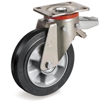 Колесо большегрузное Tellure Rota 727206 поворотное с задним тормозом, Ø 200 мм, нагрузка 500 кг, эластичная резина 727206